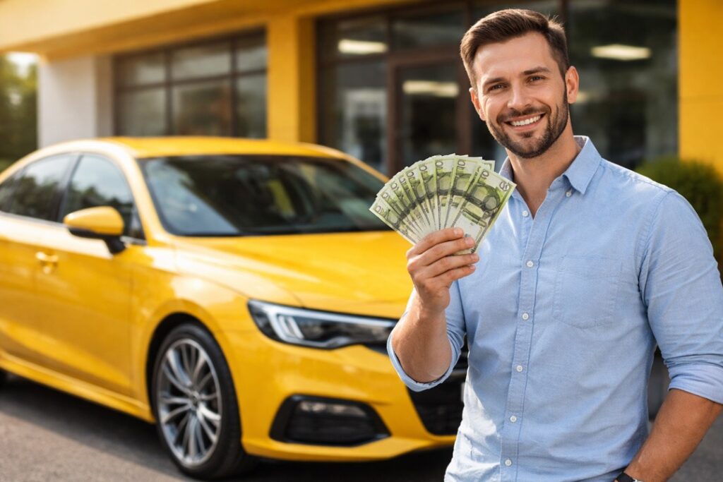 Mann mit gelbem Auto
