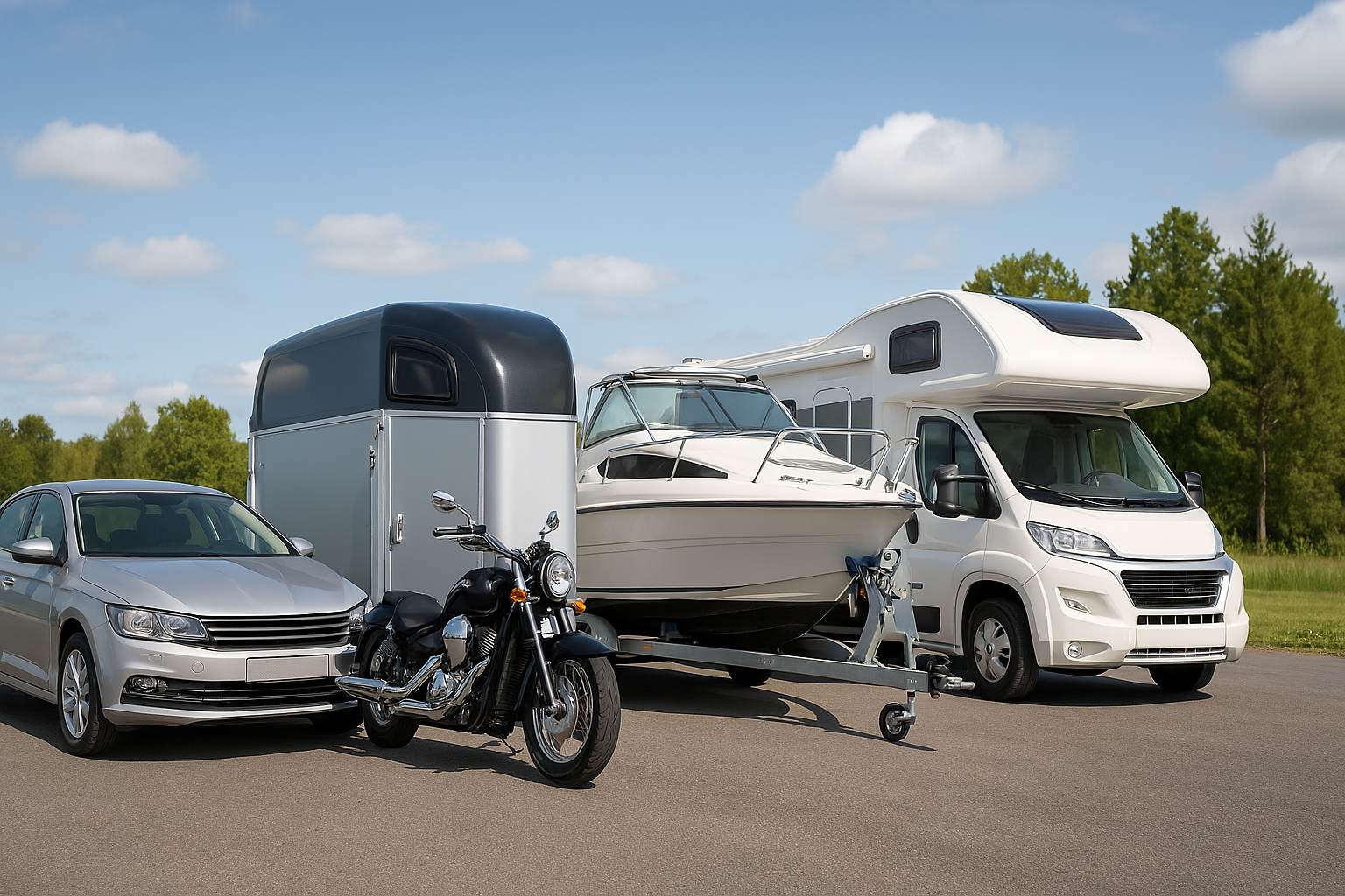 In einer Reihe aufgestellte Fahrzeuge die im Pfandhaus beliehen werden können: Auto, Motorrad, Anhänger, Boot und Wohnmobil